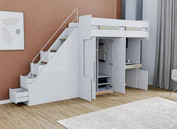 Kinderhochbett Compact K5 mit Schubladenstufen ausziehbar, Schrank und Tisch günstig