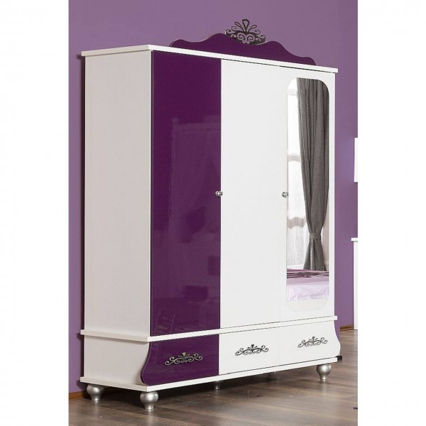 Kleiderschrank ANASTASIA lila 3-türig mit Spiegel und LED Beleuchtung, glänzend