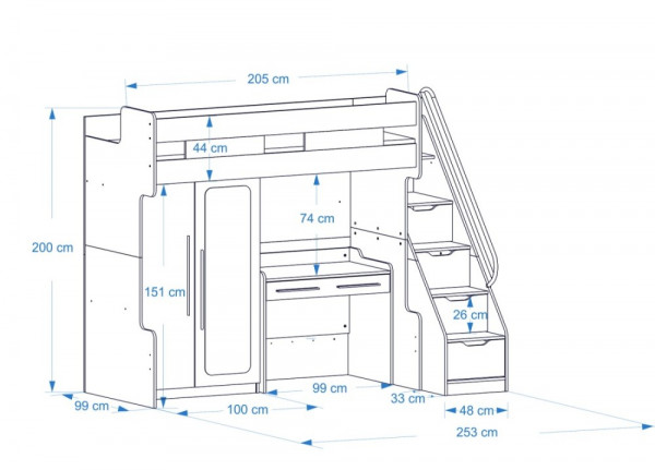 Compact K5 Hochbett mit Schrank, Schreibtisch, Schubladentreppe Detailmaße