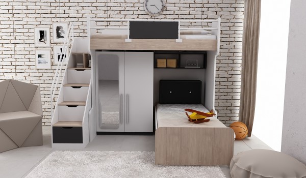 Hochbett COMPACT K4 mit Bett 90x200cm, Kleiderschrank, Regal, 4-tlg.