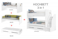 Kinderhochbett mit Schubladentreppe STUDIO weiß 90x200cm mit 2 Betten, Gästebett mit Schubladen, umb Kinderhochbett mit Schubladentreppe STUDIO weiß 90x200cm mit 2 Betten, Gästebett mit Schubladen, umb
