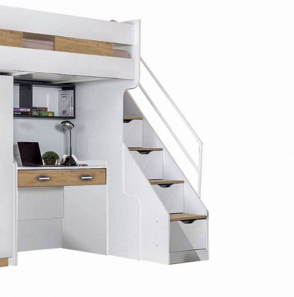 Kinder Hochbett COMPACT K5 NATUR 90x200 mit Treppenschublade, Schreibtisch, Kleiderschrank, Regal