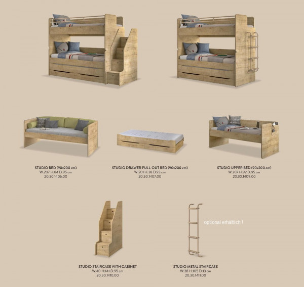 Cilek Studio Kinder Hochbett natur mit Gästebett und Schubkasten Typenplan