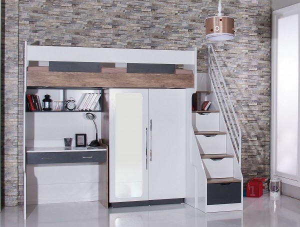 Multifunktion Hochbett COMPACT K5 mit Schreibtisch, Kleiderschrank