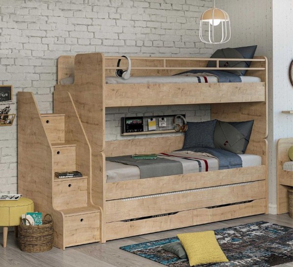 Umbaubares Multifunktion Kinder Hochbett STUDIO natur mit Gästebett und Schubkasten