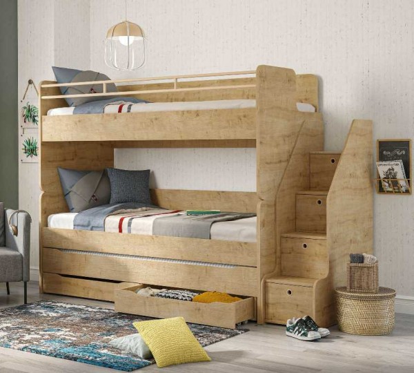Umbaubares Multifunktion Kinder Hochbett STUDIO natur mit Gästebett und Schubkasten