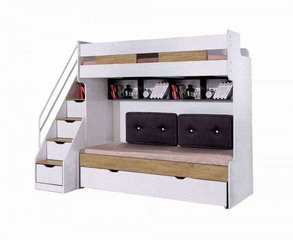 Etagenbett Hochbett COMPACT K3 weiß natur 90x200 mit Bettschubkasten, ausziehbare Treppenstufen und Regale